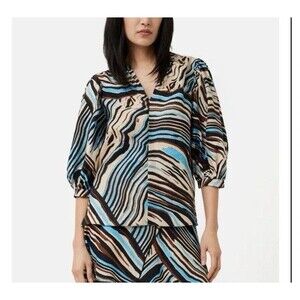 Jigsaw 100% Linen Abstract Terrain Print Puff Sleeve Blouse UK 12 US 8‎ NWOT